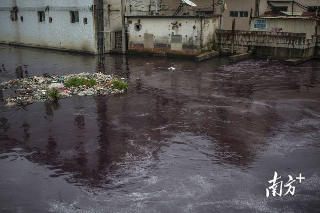 2015年，汕头潮阳区谷饶镇，工厂趁下雨向河涌排入大量印染污水。
